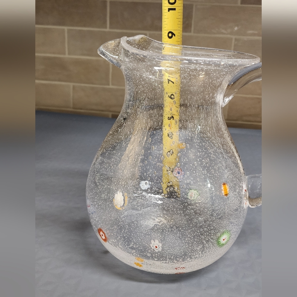 Hand blown clear bubble glass pitcher with flowers 9" beautiful flared top - Picture 11 of 11